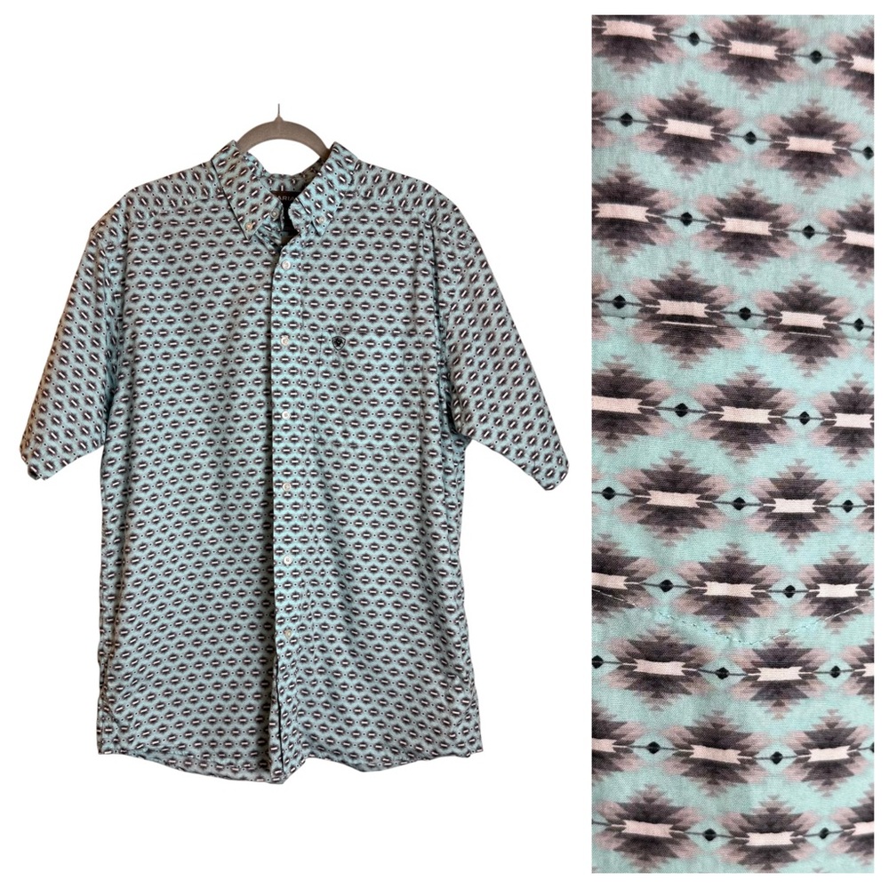 Ariat Mens Large Abraham Western Short Sleeve Button Down Shirt 100% Cotton